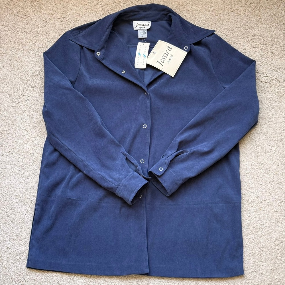 DEADSTOCK Jessica Sport Navy Blue Faux Suede Snap Front Shirt Jacket Large NWT